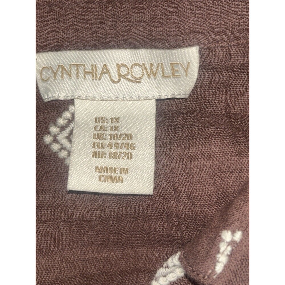 Cynthia Rowley Cotton Gauze Embroidered Button Up Blouse Brown Plus Size 1X - Picture 10 of 12